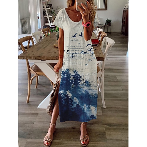 

Women's Shift Dress Maxi long Dress Beige Short Sleeve Letter Animal Split Print Spring Summer V Neck Casual Vacation 2022 S M L XL XXL 3XL