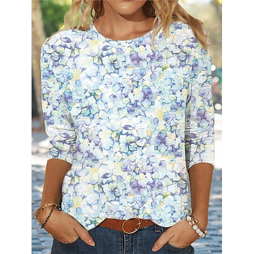 

Women's T shirt Tee Flower Casual Daily Holiday T shirt Tee Long Sleeve Patchwork Print Round Neck Basic Essential Rainbow S / 3D Print