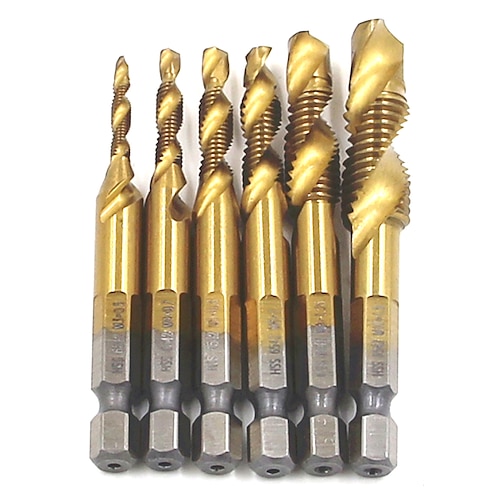 

6Pcs Titanium Plated Hex Shank Drill Bits HSS 6542 Screw Thread Metric Tap Screw Machine Compound M3 M4 M5 M6 M8 M10 Hand Tools