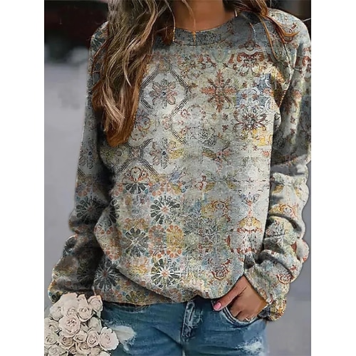 

Women's Sweatshirt Pullover Vintage Casual Print Gray Geometric Loose Fit Casual Round Neck Long Sleeve Cotton S M L XL XXL 3XL / 3D Print