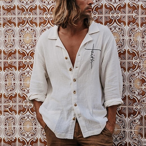 

Men's Shirt Graphic Patterned Solid Color Letter Turndown Casual Daily Layered Button-Down Long Sleeve Tops Casual Exaggerated White