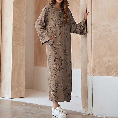 

Women's Shift Dress Maxi long Dress Khaki Long Sleeve Print Pocket Print Fall Spring Hooded Casual Fashion 2022 S M L XL