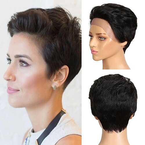 

Lace Front Human Hair Wigs Short Pixie Cut Fashion Wig Natural Color Wig Natural Straight Wig for Women Brazilian Remy Hair Wig