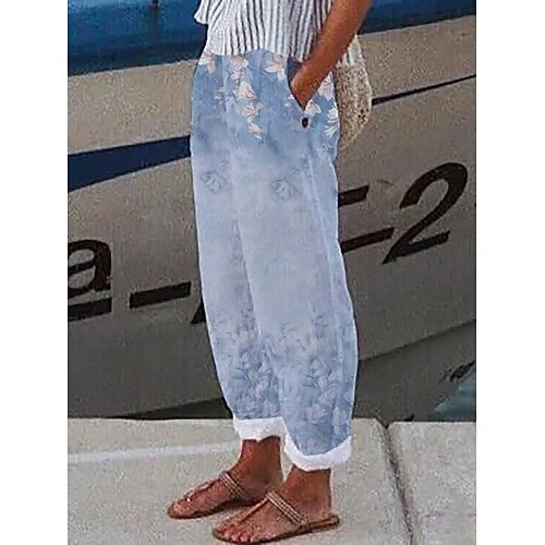

Women's Designer Fashion Chinos Side Pockets Print Ankle-Length Pants Casual Weekend Micro-elastic Polka Dot Flower / Floral Comfort Mid Waist Loose Gray Green White / Black White & Blue Flowers