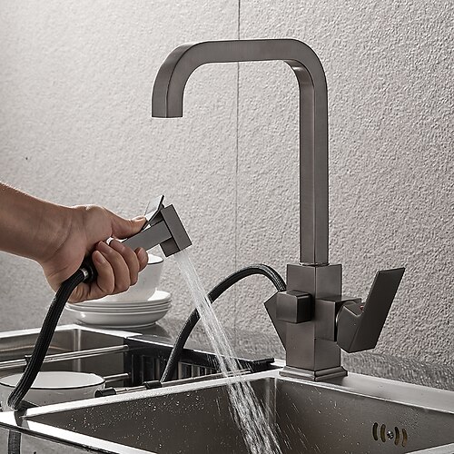 

Kitchen Faucet with Handheld Spray Gun,Single Handle One Holes Electroplated Pull-out / Pull-down / Tall / High Arc Centerset Modern Contemporary / Industrial Style Kitchen Taps