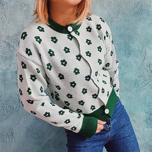 

Women's Cardigan Sweater Jumper Ribbed Knit Knitted Button Floral Crew Neck Stylish Casual Daily Going out Fall Winter Green Black S M L / Long Sleeve