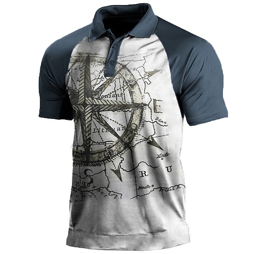 

Men's Collar Polo Shirt Golf Shirt Compass Turndown Gray 3D Print Street Daily Short Sleeve 3D Button-Down Clothing Apparel Fashion Casual Breathable Comfortable / Beach