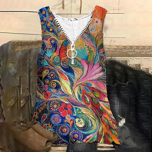 

Women's Plus Size Tops Tank Top Floral Animal Zipper Print Sleeveless V Neck Streetwear Daily Holiday Cotton Spandex Jersey Spring Summer Rainbow