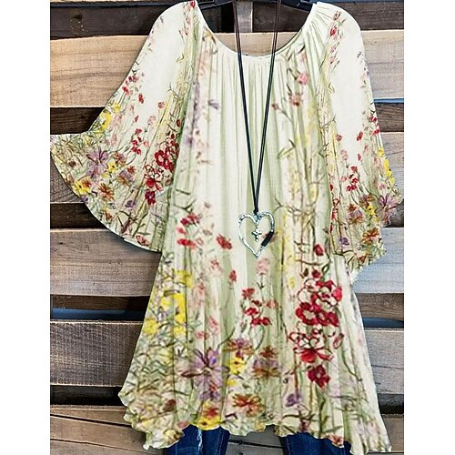 

Women's Plus Size Tops Blouse Shirt Floral Ruched Button 3/4 Length Sleeve Round Neck Sexy Daily Vacation Polyester Fall Winter Green