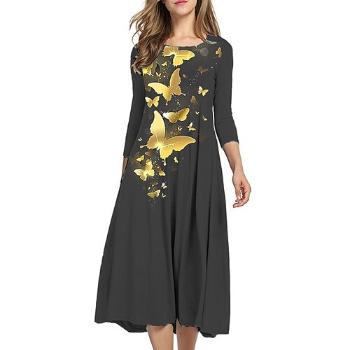 

Robe mi-longue Femme Robe casual Manches 3/4 Hiver Automne Ruché Imprimer Animal Papillon Col Ras du Cou 2022 Noir S M L XL XXL 3XL