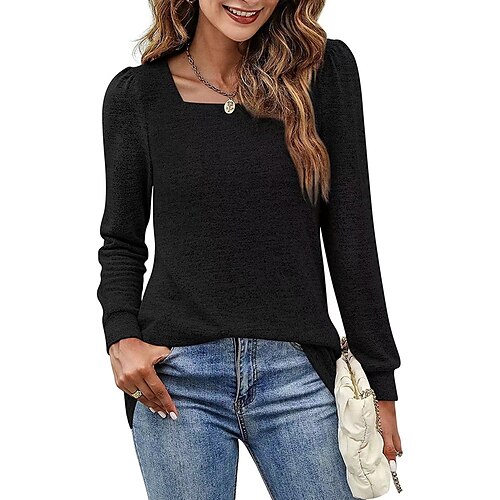 

Women's T shirt Tee Plain Casual Weekend T shirt Tee Long Sleeve Square Neck Basic Green Black Pink S