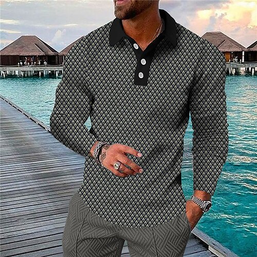 

Men's Collar Polo Shirt Golf Shirt Geometry Turndown Green Light gray Brown Gray 3D Print Outdoor Street Long Sleeve Button-Down Print Clothing Apparel Fashion Designer Casual Breathable