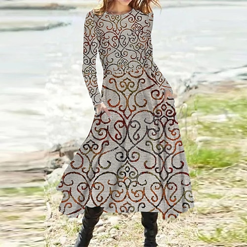 

Women's A Line Dress Midi Dress Green Khaki Long Sleeve Floral Pocket Print Fall Spring Round Neck Casual Vacation 2022 S M L XL XXL 3XL