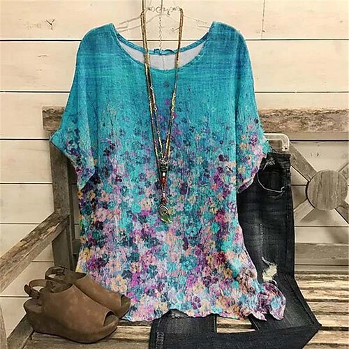 

Women's Plus Size Tops Blouse Shirt Floral Print Half Sleeve Crewneck Streetwear Daily Sports Cotton Spandex Jersey Spring Summer Blue