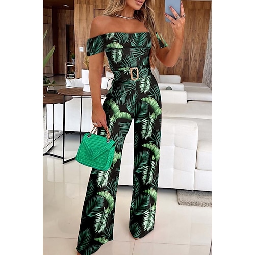 

dame jumpsuit print off shoulder elegant hverdagsferie lige regular fit kortærmet grøn 3xl fjeder