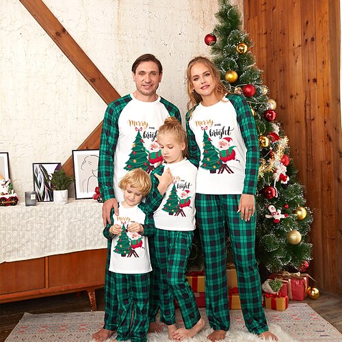 

Christmas Pajamas Ugly Family Set Plaid Santa Claus Christmas Tree Patchwork Green Long Sleeve Mom Dad and Me Mom Dad and Me Daily Matching Outfits Spring Fall Casual Print