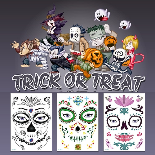 

6 Pc Hot Special Waterproof Skull Face Halloween Temporary Tattoo Stickers Day Of The Dead Dress up Face Decal Facial Makeup