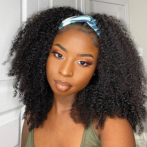 

Kinky Curly Headband Human Hair Wigs 24 Inch For African American Women Natural Black Kanekalon Afro Full Daily Wig