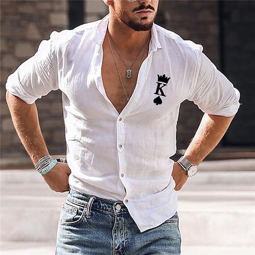 

Hombre Camisa Abotonar la camisa Camisa de verano Camisa de diseñador Blanco Manga Larga Graphic Letra Póker Cuello Vuelto Estampado en caliente Exterior Calle Abotonar Ropa Moda Casual Grande y alto