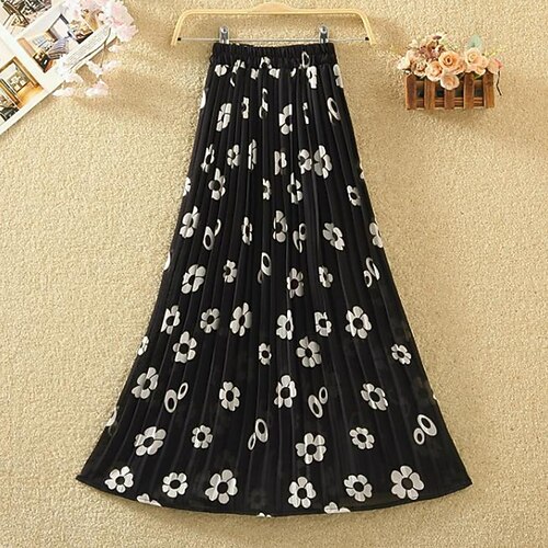 

Women's Fashion Swing Skirts Holiday Weekend Chiffon Floral Pleated Green White Black One-Size / Loose / Print
