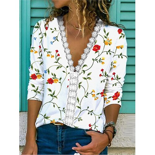 

Women's T shirt Tee White Flower Patchwork Lace Trims Long Sleeve Casual Daily Basic V Neck Regular S / 3D Print / Print