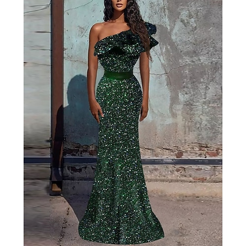 

Mermaid / Trumpet Evening Dresses Sparkle & Shine Dress Engagement Sweep / Brush Train Sleeveless One Shoulder Sequined with Sequin Ruffles 2022 / Formal Evening