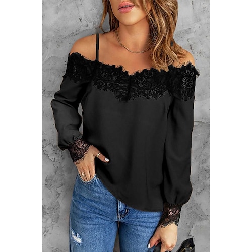 

Women's Blouse Shirt White Black Plain Lace Off Shoulder Long Sleeve Daily Weekend Streetwear Casual Off Shoulder Regular S