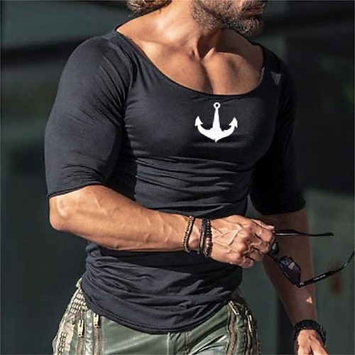 

Men's T shirt Tee Solid Color Anchor Round Neck Casual Daily Half Sleeve Tops Casual White Black