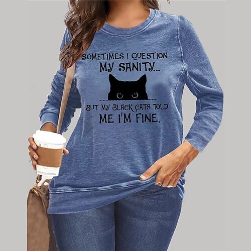 

Women's Plus Size Tops Pullover Sweatshirt Hoodie Sweatshirt Animal Cat Print Long Sleeve Crewneck Streetwear Daily Vacation Microfiber Fall Winter Blue Gray