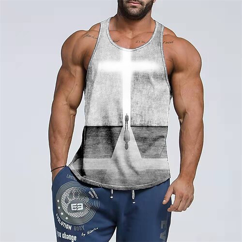 

Men's Tank Top Vest Graphic Templar Cross Cross Crew Neck Black White 3D Print Street Casual Sleeveless Print Clothing Apparel Basic Fashion Classic Comfortable