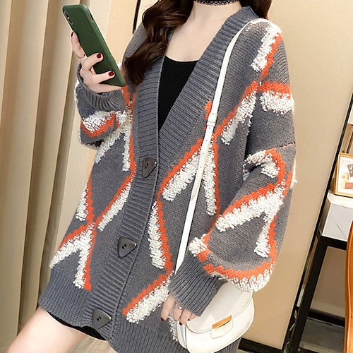 

Mujer Chaqueta de Punto Puente Estriado Tejer Botón De Punto Geométrico Escote en Pico Elegante Casual Exterior Diario Invierno Otoño Azul Piscina Naranja Tamaño Único / Manga Larga / Festivos