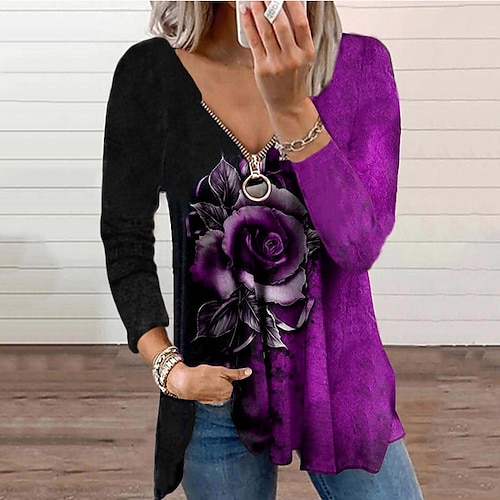 

Mujer Vestido informal Vestido estilo camiseta Azul Piscina Morado Vino Manga Larga Floral Cremallera Invierno Otoño Escote en Pico 2022 S M L XL 2XL 3XL