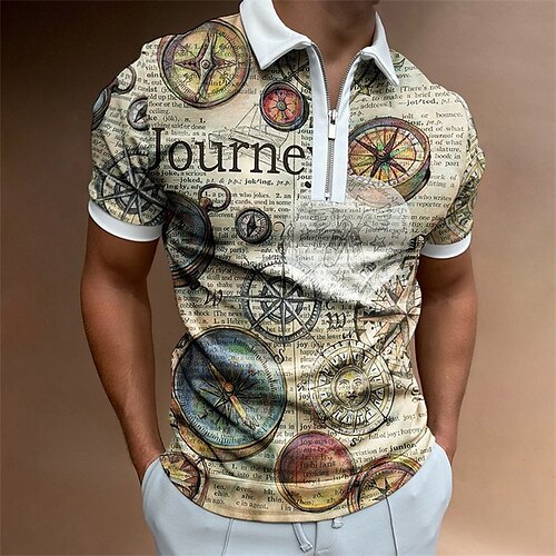 

Men's Collar Polo Shirt Golf Shirt Clock Turndown Khaki 3D Print Street Daily Short Sleeve Zipper 3D Clothing Apparel Fashion Casual Breathable Comfortable / Beach