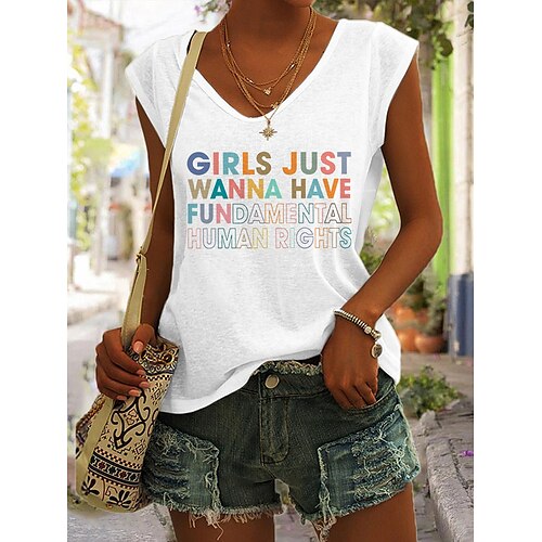 

Women's T shirt Tee Print Letter Daily Sleeveless Regular Summer Green Blue Pink Khaki Grey