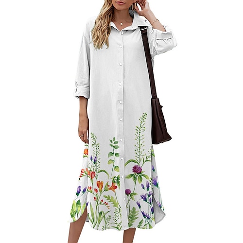

Women's Shift Dress Midi Dress White 3/4 Length Sleeve Fall Floral Button Print Fall Spring Shirt Collar Casual Fashion 2022 S M L XL XXL 3XL