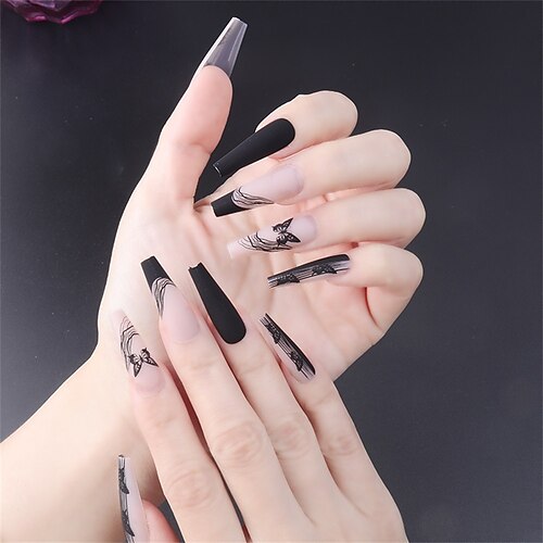 

24pcs Simple Black Butterfly Line Long Ballet Manicure in Europe and America