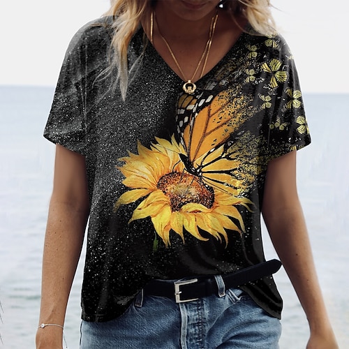 

Women's T shirt Tee Green Blue Purple Floral Sunflower Print Short Sleeve Casual Holiday Basic V Neck Regular Floral Painting S