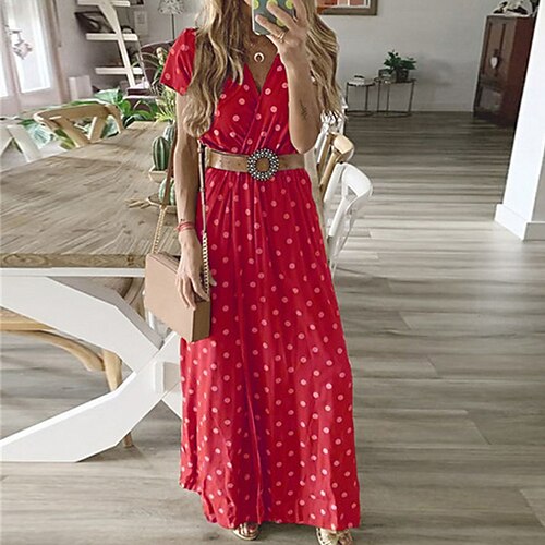 

Women's A Line Dress Maxi long Dress Red Short Sleeve Polka Dot Print Spring Summer V Neck Casual Mature 2022 S M L XL XXL