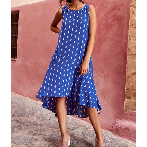 

Women's Swing Dress Midi Dress Royal Blue Sleeveless Polka Dot Print Print Spring Summer Crew Neck Casual 2022 S M L XL