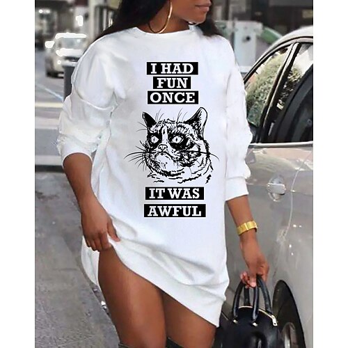 

Women's Shift Dress Short Mini Dress White Long Sleeve Cat Letter Animal Print Fall Spring Crew Neck Casual Fashion 2022 S M L XL XXL 3XL