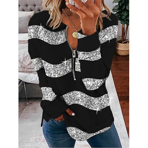 

Women's Zip Up Hoodie Sweatshirt Striped Half Zip Patchwork Print Casual Daily Sports 3D Print Sportswear Casual Hoodies Sweatshirts Silver