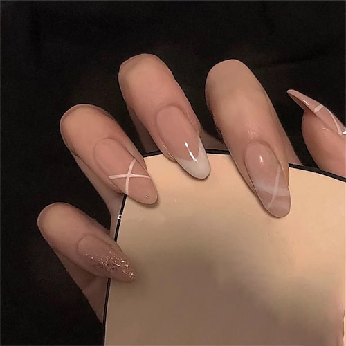 

Long Round Head Nude Color Gentle Fake Nail Finished French Glitter Net Red Manicure Patch Detachable Wearable Nail