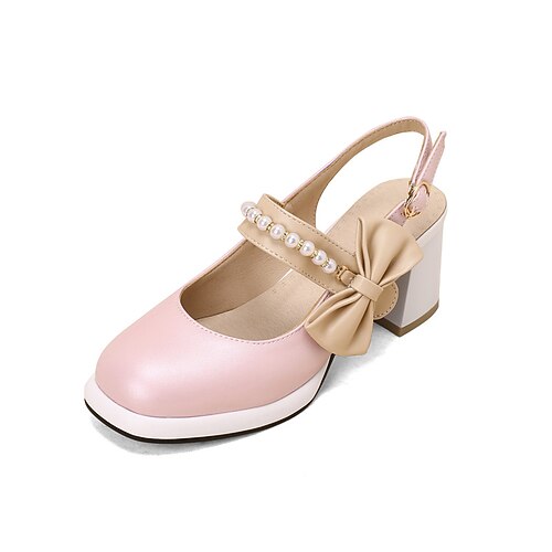 

Women's Heels Comfort Shoes Pearl Chunky Heel Round Toe Elegant Daily PU Leather Buckle Fall Summer Solid Colored Light Pink Beige Light Blue