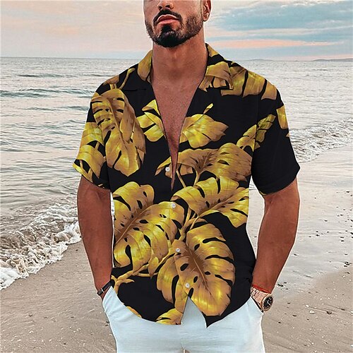 

Men's Shirt 3D Print Leaves Turndown Street Casual Button-Down Print Short Sleeve Tops Designer Casual Fashion Breathable Yellow / Summer