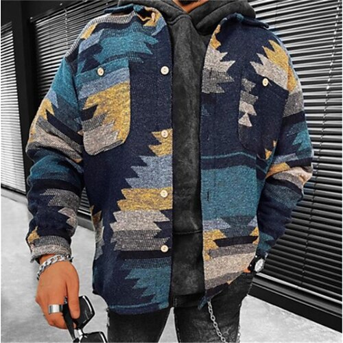 

Men's Jacket Casual Jacket Regular Pocket Print Coat Blue Casual Street Fall Single Breasted Turndown Regular Fit S M L XL XXL 3XL / Spring / Long Sleeve