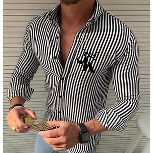 

Men's Shirt non-printing Striped Letter Turndown Christmas Party Button-Down Long Sleeve Tops Casual Slim Fit Black Yellow Red / Summer