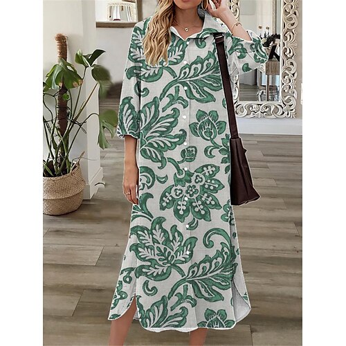 

Women's Shift Dress Midi Dress Green Blue Beige 3/4 Length Sleeve Floral Button Print Fall Spring Shirt Collar Casual Fashion 2022 S M L XL XXL 3XL