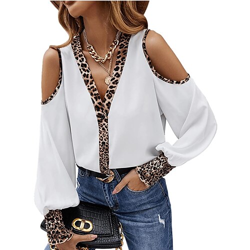 

Women's Blouse Shirt Camel Red White Leopard Button Cut Out Long Sleeve Daily Weekend Streetwear Casual V Neck Regular S / Print