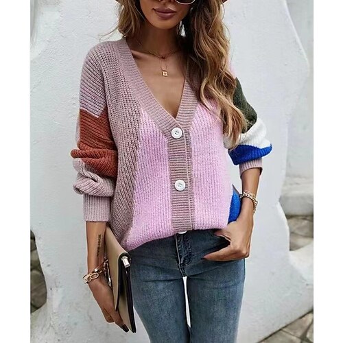 

Women's Cardigan Sweater Jumper Crochet Knit Hollow Out V Neck Casual Daily Winter Fall Pink Brown One-Size / Cotton / Long Sleeve / Cotton / Loose Fit