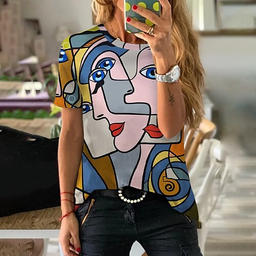 

Women's T shirt Tee Portrait Casual Weekend Portrait Painting T shirt Tee Short Sleeve Print Round Neck Basic Essential Blue S / 3D Print